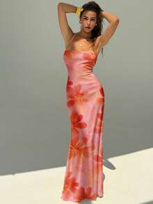 Aloruh 女士优雅芙蓉花印花露背连衣裙，夏季海滩度假装扮，波西米亚热带风情度假婚礼周年纪念伴娘派对约会性感婚礼宾客新娘送礼会白色端庄仙女风 - 白色 - 查看 4