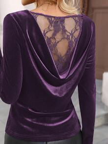 SHEIN LUNE Women's Casual Autumn/Winter Basic Outfit Velvet & Lace Patchwork Turtleneck Party Long Sleeve T-Shirt - Purple - View 3