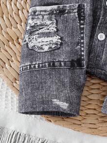 SHEIN 男婴牛仔印花短袖连体衣 - 深灰色 - 查看 3