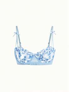 Bonmuse Sexy Lingerie For Women, Blue Mesh, Ultra-Thin, Floral, Patchwork, Embroidered, Molded, Sweet, 2 Pieces Set: Bra + Thong, Cool Light Blue