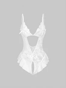 ROMWE Kawaii Bộ jumpsuit ren hoa thắt nơ gợi cảm, hở đáy, ngọt ngào và quyến rũ. - trắng - Xem 1