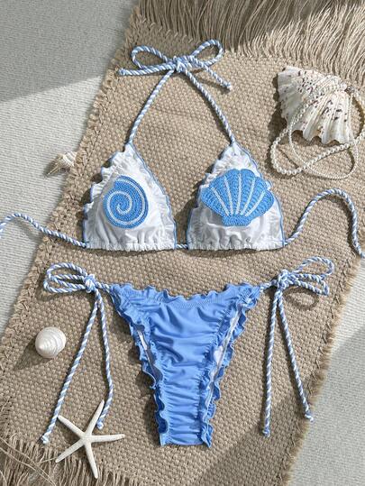  Swim MOD 2 Pieces Contrast Crochet Trim Shell Decor Triangle Bikini Top And Side Tie Bottoms Sexy Women Swimsuit Set, Spring/Summer Seashell Bikini Crochet Bikini Set Bikini Set Two Piece Beach Set Sea Shell Bikini