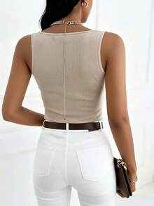 EMERY ROSE Plus Size Women Heart Button Casual Short Sleeve Slim Fit Sexy V-Neck Tank Top - Apricot - View 2
