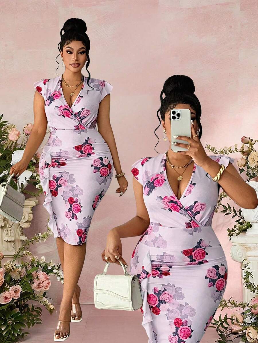 Maweii Đầm ngắn ôm sát dáng mùa hè in hoa dành cho nữ cỡ lớn, cổ chữ V chéo, viền bèo nhún, trang phục thanh lịch cho buổi hẹn hò, đầm dệt kim đi làm, trang phục thành thị thời trang, trang phục thường ngày thoải mái, đa năng, trang phục ngày lễ, Lễ Tạ ơn, tiệc năm mới, dịp trang trọng, sự kiện xã hội, tiệc chiêu đãi, trang phục công sở. - Nhiều màu - Xem 1