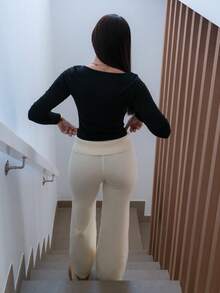 Hitanina Women's Autumn And Winter Clothing Home Simple Comfortable Sweet Casual Thermal Lined Warm White Double-Layer Waist Design Buttons Asymmetrical Beige Simple Sweater Trousers, Daily Wear,Fall - White - View 2