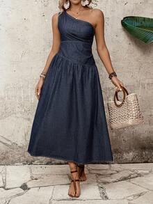 EMERY ROSE Women's Vacation Sleeveless Ruched Casual Denim Dress,Valentine's Day,Summer,Carnival,Beach,Party,Elegant Party Dress,Going Out,One Shoulder Dress,Cinched Waist A-Line Dress,Dark Wash Denim,French Style Denim Dress,French Chic,Quiet Luxury Dress,Office Chic Dress,Date Night Dress,Afternoon Tea Outfit,Feminine Chic,Spring Summer Dress,Vacation Dress,Weekend Outfit,One Shoulder Denim Dress,Dark Wash A-Line Denim Dress,French Cinched Waist Denim Dress,Elegant Denim Dress,Work To Date Denim Dress - Blue - View 3