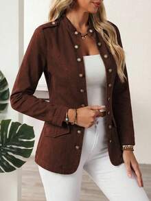 EMERY ROSE Plus Size Women's Long Sleeve Single-Breasted Casual Denim Jacket - Coffee Brown - View 3