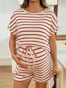 SHEIN Maternity Striped Round Neck Short Sleeve Top And Adjustable Waist Shorts Casual Outfit World Cup - Red and White - View 8