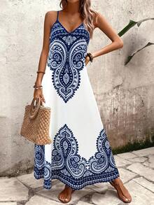 EMERY ROSE Women's Blue & White Bohemian Print Deep V-Neck Backless Loose A-Line Casual Dress, Chic Elegant Minimalist French Vintage Romantic Suitable For Daily, Commute, Beach Vacation, Spring/Summer Sleeveless Maxi Dress - Multicolor - View 3