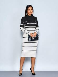 SOLERSUN 女士秋季时尚长袖条纹极简针织中长连衣裙，圆领修身毛衣裙，女士秋季连衣裙，适合日常休闲、约会、派对等场合 - 黑與白 - 查看 5