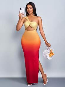 SOLERSUN 女士夏季度假渐变色无袖不对称侧开叉镂空性感连衣裙 - 紅色 - 查看 5