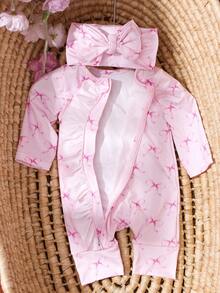 SHEIN 新生儿可爱蝴蝶结印花拉链连体衣摄影服秋冬装 - 粉色 - 查看 7