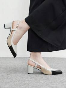 CUCCOO BIZCHIC Giày nữ thời trang mũi nhọn phối nhiều màu, đế chunky, cao gót, quai sau có khóa cài, giày cao gót nữ đa năng dùng hàng ngày, đi làm. - trắng - Xem 5