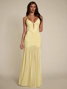 SHEIN BAE Vestido de cóctel de mujer con tirantes finos, espalda descubierta y drapeado en unicolor - Amarillo - Ver 4