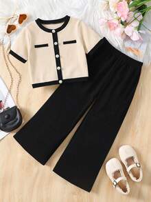 SHEIN Baby Girl Round Neck Contrast Color Short Sleeve Button Front Elegant T-Shirt Set - Multicolor - View 1