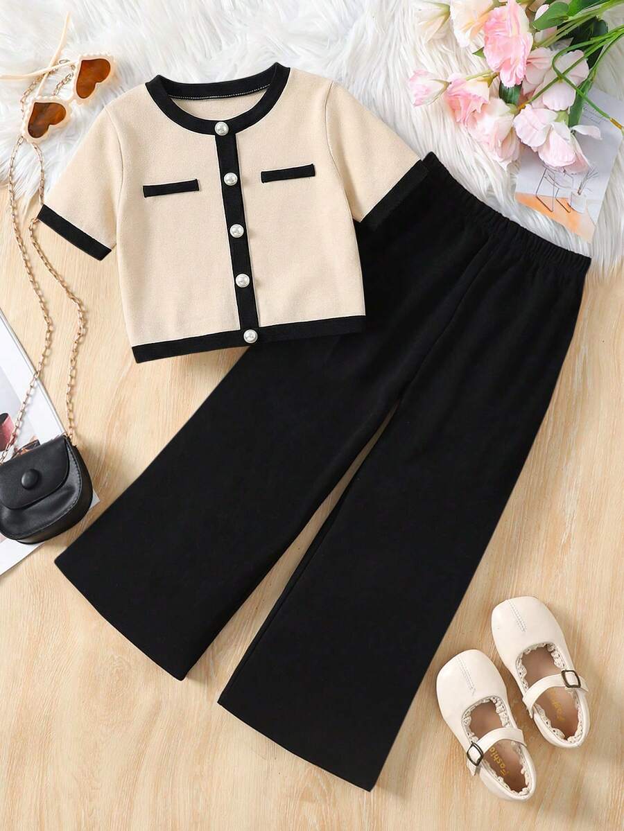 SHEIN Baby Girl Round Neck Contrast Color Short Sleeve Button Front Elegant T-Shirt Set - Multicolor - View 1