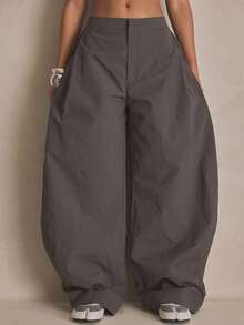 MUSERA Nylon Balloon Leg Button Hem Pleat Trousers Summer, Sporty, Casual, Day, Streetstyle, Streetwear - Dark Green - View 2