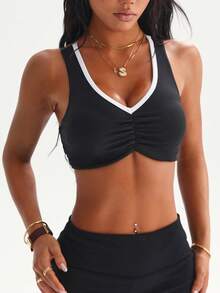Dewbera Dewbera Women's Black And White Sports Bra,Summer Athleisure Gym Wear With V-Neck Contrast Trim,Front Ruched Neckline,Criss-Cross Back Straps,Removable Pads - Multicolor - View 5