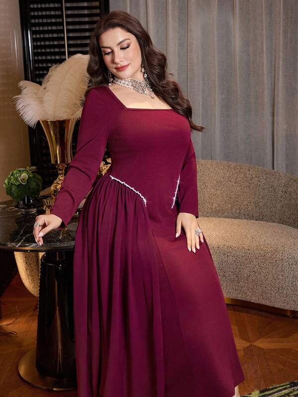 Modelyn Elegantes einfarbiges Chiffon-Kleid mit quadratischem Ausschnitt, Perlenverzierung, Langarm und seitlicher Taille für Frühling/Herbst in Große Größen