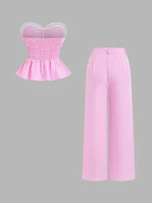 SHEIN Sweetro 2pcs Women Lace Patchwork Striped Bandeau Top And Straight Leg Pants Set - Pink - View 2