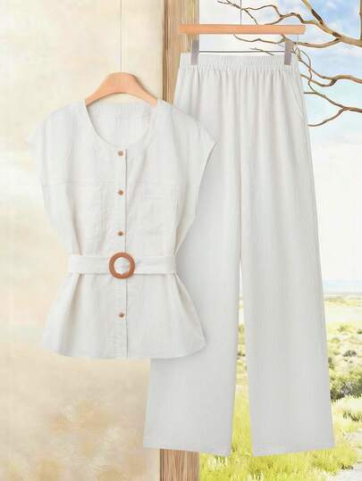 Franclia 2pcs/Set Vintage Coin Decor Sleeveless Top And Wide Leg Pants, Summer