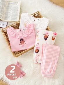 4pcs Baby Girls Peter Pan Collar Knit Cute Girl Short Sleeve Top And Long Pants Pajama Homewear Set - Multicolor - View 2