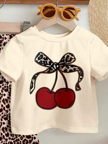 SHEIN 2pcs/Set Baby Girl Casual Fashionable Cute Leopard Print Cherry Pattern Short Sleeve T-Shirt And Leopard Print Flare Pants Set, Suitable For Spring/Summer, Vacation And Daily Wear - Multicolor - View 4