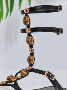 SHUZIA 女士舒适日常夏季可爱度假休闲石纹装饰平底凉鞋 - 黑色 - 查看 6