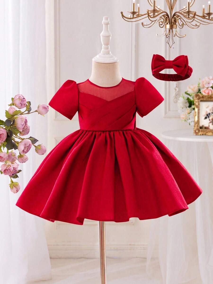 Glamorique Kids Váy ngắn tay bằng vải satin và lưới cao cấp cho bé gái, màu đỏ tía, thích hợp cho Giáng sinh, Halloween, tiệc tùng, sinh nhật, tiệc tối và biểu diễn cho bé gái - Màu Đỏ Sâu - Xem 1