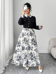 SHEIN Elenzya Robe décontractée à manches longues avec taille cintrée et imprimé, tailles grandes