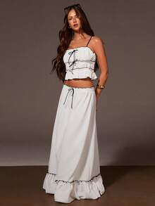 Athîral Women's Casual White Set, White Tank Top And Skirt, Black Trim Design, Bow Decor, Beach Skirt Set, Linen Two Pieces Set, Maxi Skirt Two Pieces Set, Two Pieces Set Women Dress,Summer Outfits,Summer Set,Summer Holiday Outfits,Spring Clothes,Casual Set For Women,Casual Outfit For Women,White Set,Beach Vacation Outfits For Women - White - View 3