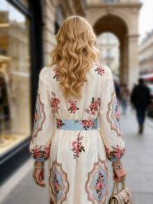 Balvessa Đầm dài nữ in hoa hồng, cổ chữ V, thắt eo. - Màu be - Xem 5