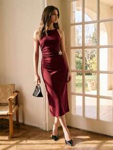 SHEIN BIZwear 2026 Spring/Summer New Wine Red Thin Strap Design Waist Ruched Metal Decor Dress, Versatile For Layering, Y2K, Office, Business, Social Occasions - Burgundy - View 2