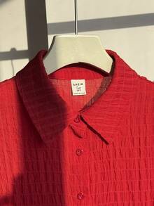 SHEIN Teen Girls Red Knit Crepe Short Sleeve Blouse, Casual Versatile Personalized Tops, Suitable For Music Festivals, Cropped Shirt Shirt For Teen Girl Red Crop Shirt Shirts For Women Summer Blouse For Teen Girls Blouses For Women Summer - Red - View 5