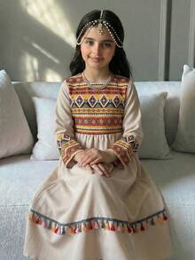 SHEIN 青少年女孩拼接印花流蘇休閒長袖洋裝 - 卡其色 - 查看 2