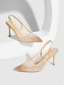 CUCCOO SZL Women's Fashion Pointed Toe Crystal/Rhinestone Satin Party/Evening High Heel Slip-On Pumps Valentine's Day - Gold - View 2