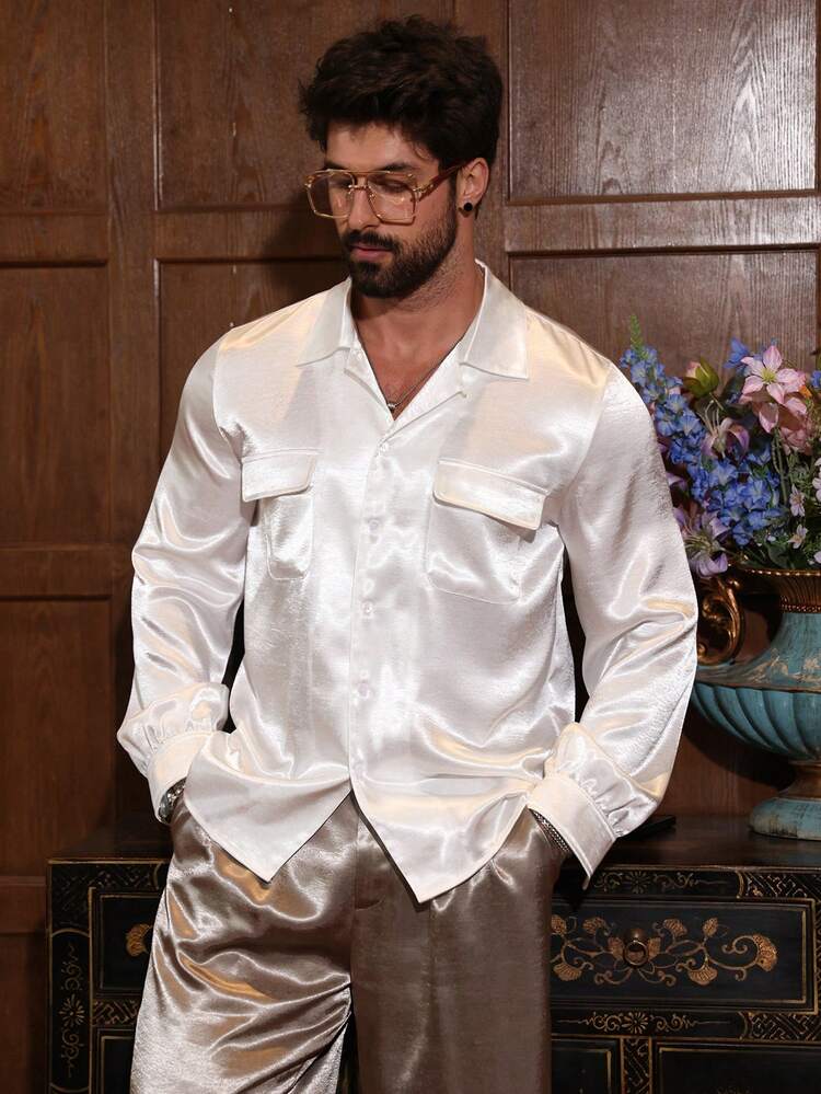 Men's Solid White Satin Poplin Shirt, Summer Long Sleeve Tops Women