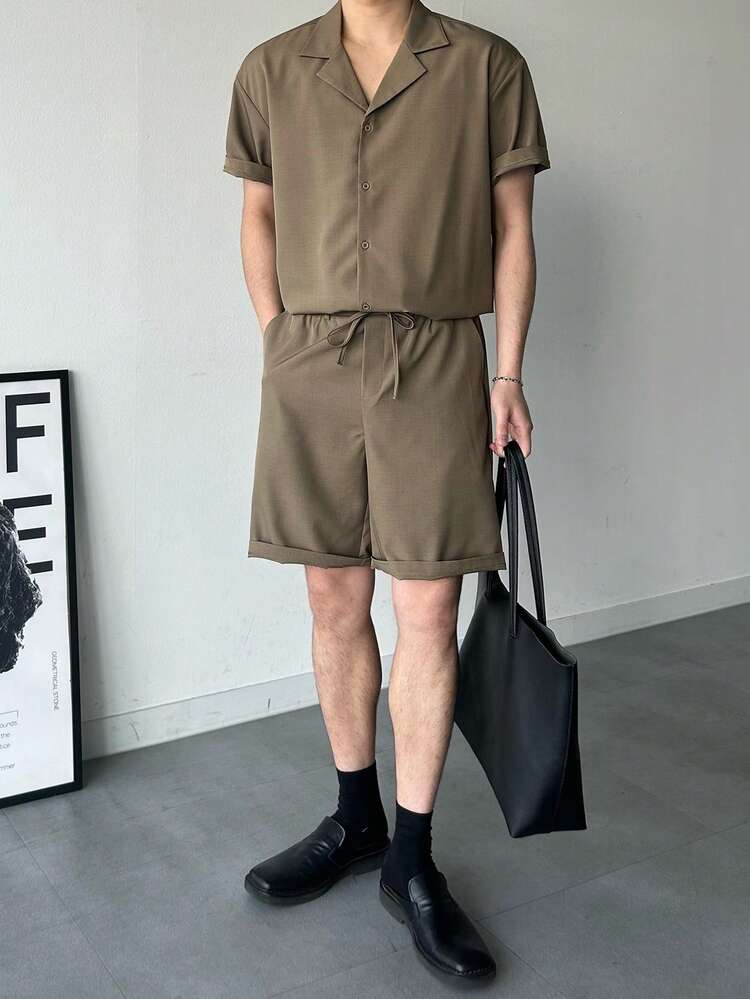 Men's Solid Color Short Sleeve Single-Breasted Shirt And Shorts Casual Suit, Summer