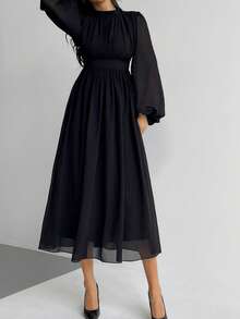 Firerie Elegant lång klänning i mesh för kvinnor med ramadanmotiv - Svart - Visa 4