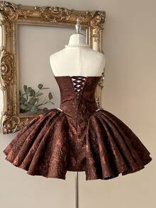 Lovelzi 优雅奢华的红色提花织物手工珍珠装饰甜心领复古腰线A字短款女士正式晚礼服 - 咖啡棕 - 查看 3