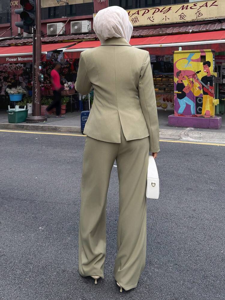 Women's Casual Solid Color Faux Pocket Blazer Jacket And Wide Leg Pants Suit Set, Spring