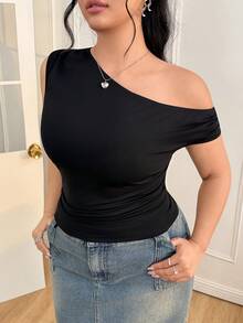 CovetEZ 大码女式纯色无袖露脐休闲背心，春夏款 - 黑色 - 查看 4