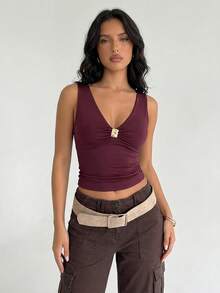 Aloruh 女士95%纯棉酒红色露背吊带深V系带露背吊带背心，饰有金属装饰 - 性感浪漫的岛屿女孩复古风格，适合春夏海滩游轮、西部音乐节、波西米亚音乐会、婚礼宾客、度假和城市旅行 - 彩色 - 查看 5