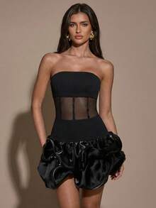 Silquee SHEIN BAE Damen Mode 3D Blumen Transparentes Sexy Bandeau Kleid - Schwarz - Übersicht 4