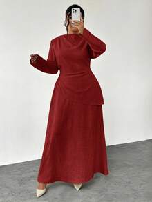 Firerie 大码春夏秋冬优雅休闲办公两件套：长袖不对称褶皱腰身修身衬衫 + 常规A字裙 - 酒紅色 - 查看 6