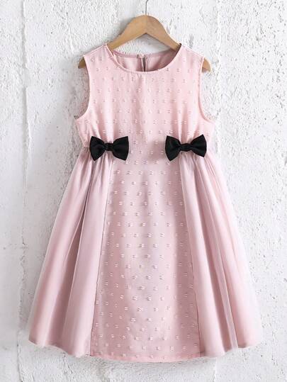 Vestido elegante sin mangas con lunares y contraste de malla con moño, adecuado para uso diario, vacaciones, fiestas y eventos de noche