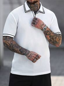 Manfinity Homme 男士罗纹纽扣休闲Polo衫，短袖，尽显男士复古风范，适合日常休闲、周末旅行、户外活动、探险旅行、轻松的工作环境或半正式场合，是送给男友/丈夫、周年纪念/生日、派对、夏季假期、婚礼、春夏、狂欢节等场合的理想之选。这款男士休闲短袖Polo衫采用翻领设计，尽显优雅气质。此外，它还适合男士高尔夫Polo衫、夏季男士服装、白色沙滩装和网球服等场合。 - 白色 - 查看 4