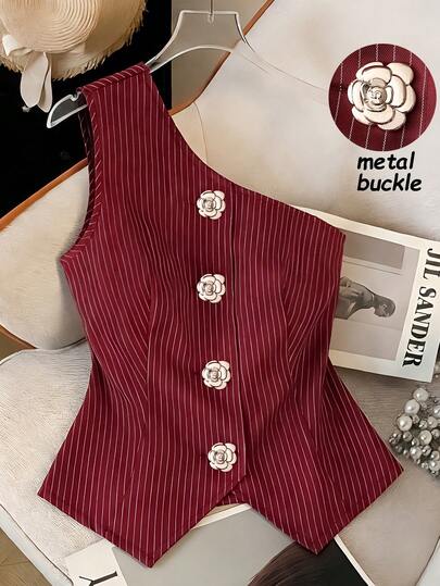 Franclia Blusa de mujer elegante y de moda con hebilla metálica en forma de S para estilizar el hombro, de rayas burdeos, para primavera/verano