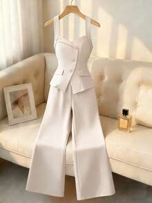 Elenzga 春夏法式优雅编织无袖上衣，系带领口和腰部设计，搭配松紧腰阔腿裤，两件套休闲/工作装，适合女性穿着。 - 杏色 - 查看 4