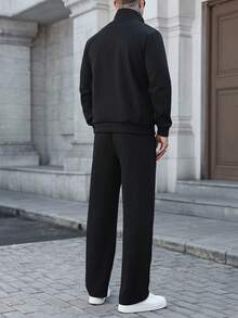 Manfinity CasualCool Men's Solid Color Zip Front Jacket And Drawstring Waist Long Pants Casual Suit - Black - View 2